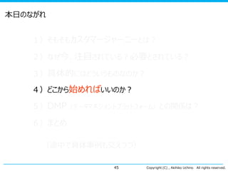 本日のながれ
１）そもそもカスタマージャーニーとは？
２）なぜ今、注目されている？必要とされている？

３）具体的にはどういうものなのか？
４）どこから始めればいいのか？

５）DMP（データマネジメントプラットフォーム）との関係は？
６）まとめ

（途中で具体事例も交えつつ）
45

Copyright (C) , Akihiko Uchino

All rights reserved.

 