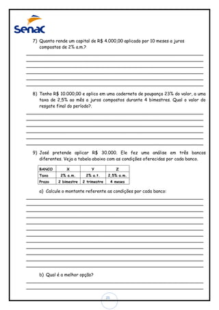 7) Quanto rende um capital de R$ 4.000,00 aplicado por 10 meses a juros
compostos de 2% a.m.?
________________________________________________________________
________________________________________________________________
________________________________________________________________
________________________________________________________________
________________________________________________________________
________________________________________________________________
8) Tenho R$ 10.000,00 e aplico em uma caderneta de poupança 23% do valor, a uma
taxa de 2,5% ao mês a juros compostos durante 4 bimestres. Qual o valor do
resgate final do período?.
________________________________________________________________
________________________________________________________________
________________________________________________________________
________________________________________________________________
________________________________________________________________
________________________________________________________________
9) José pretende aplicar R$ 30.000. Ele fez uma análise em três bancos
diferentes. Veja a tabela abaixo com as condições oferecidas por cada banco.
BANCO

X

Y

Z

Taxa

2% a.m.

2% a.t.

2,5% a.m.

Prazo

2 bimestre

2 trimestre

4 meses

a) Calcule o montante referente as condições por cada banco:
________________________________________________________________
________________________________________________________________
________________________________________________________________
________________________________________________________________
________________________________________________________________
________________________________________________________________
________________________________________________________________
________________________________________________________________
________________________________________________________________
________________________________________________________________
________________________________________________________________
________________________________________________________________
b) Qual é a melhor opção?
________________________________________________________________
________________________________________________________________
25

 