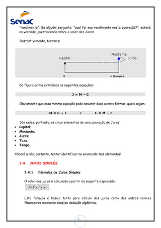 “rendimento”. Se alguém pergunta: “qual foi seu rendimento nesta operação?”, estará,
na verdade, questionando sobre o valor dos Juros!
Ilustrativamente, teremos:

Da figura acima extraímos as seguintes equações:

Obviamente que essa mesma equação pode assumir duas outras formas, quais sejam:







São esses, portanto, os cinco elementos de uma operação de Juros:
Capital;
Montante;
Juros;
Taxa;
Tempo.

Caberá a nós, portanto, tentar identificar no enunciado tais elementos!
3.4.

JUROS SIMPLES

3.4.1.

Fórmulas de Juros Simples

O valor dos juros é calculado a partir da seguinte expressão:

Esta fórmula é básica tanto para cálculo dos juros como dos outros valores
financeiros mediante simples dedução algébrica:

8

 