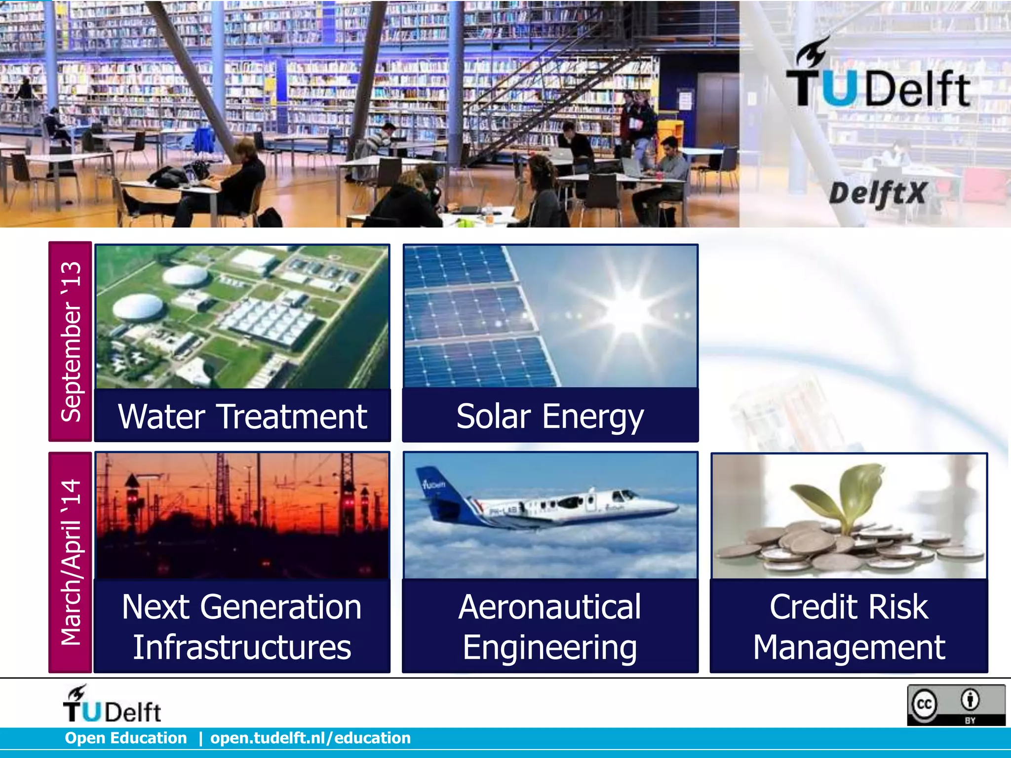 March/April ‘14

September ‘13

DelftX Courses

Water Treatment

Solar Energy

Next Generation
Infrastructures

Aeronautical
Engineering

Open Education | open.tudelft.nl/education

Credit Risk
Management

 