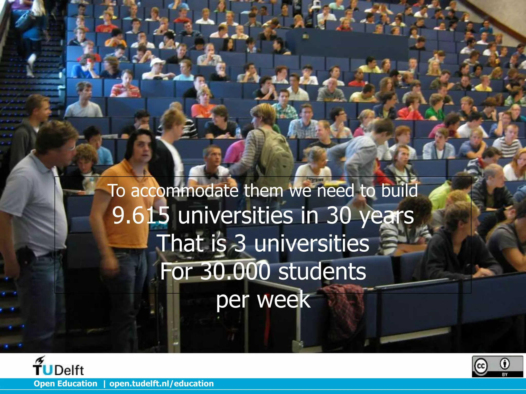 To accommodate them we need to build

9.615 universities in 30 years
That is 3 universities
For 30.000 students
per week

Open Education | open.tudelft.nl/education

 