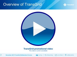 Overview of TransGrid

TransGrid promotional video
This video is current unavailable

2

November 2013 TransGrid Deliberative Forums

 