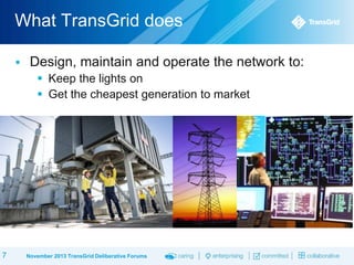 What TransGrid does


Design, maintain and operate the network to:
 Keep the lights on
 Get the cheapest generation to market

7

November 2013 TransGrid Deliberative Forums

 