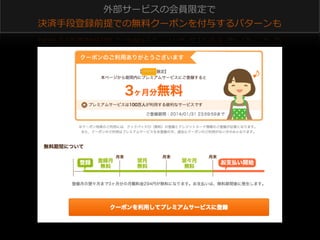 外部サービスの会員限定で
決済⼿手段登録前提での無料料クーポンを付与するパターンも

XXXXXX

 