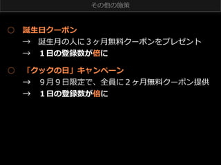 その他の施策

○ 　誕⽣生⽇日クーポン
 　 　→ 　誕⽣生⽉月の⼈人に３ヶ⽉月無料料クーポンをプレゼント
 　 　→ 　１⽇日の登録数が倍に
○ 　「クックの⽇日」キャンペーン
 　 　→ 　９⽉月９⽇日限定で、全員に２ヶ⽉月無料料クーポン提供
 　 　→ 　１⽇日の登録数が倍に

 