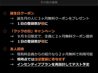 その他の施策

○ 　誕⽣生⽇日クーポン
 　 　→ 　誕⽣生⽉月の⼈人に３ヶ⽉月無料料クーポンをプレゼント
 　 　→ 　１⽇日の登録数が倍に
○ 　「クックの⽇日」キャンペーン
 　 　→ 　９⽉月９⽇日限定で、全員に２ヶ⽉月無料料クーポン提供
 　 　→ 　１⽇日の登録数が倍に
○ 　友⼈人招待
 　 　→ 　現有料料会員からの紹介なら２ヶ⽉月無料料で利利⽤用可能
 　 　→ 　現時点ではほぼ登録に寄与せず
 　 　→ 　インセンティブプランを再設計してテスト予定

 