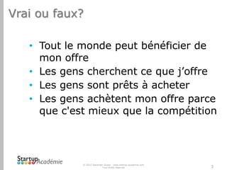 Vrai ou faux?
• Tout le monde peut bénéficier de
mon offre
• Les gens cherchent ce que j’offre
• Les gens sont prêts à acheter
• Les gens achètent mon offre parce
que c'est mieux que la compétition

© 2012 Davender Gupta - www.startup-academie.com
Tous droits réservés

3

 