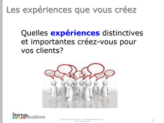 Les expériences que vous créez
Quelles expériences distinctives
et importantes créez-vous pour
vos clients?

© 2012 Davender Gupta – www.startupacademie.com Tous droits réservés

5

 