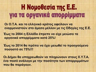 Οι Ο.Τ.Α. και το ελληνικό κράτος οφείλουν να
εναρμονιστούν στο άμεσο μέλλον με τις Οδηγίες της Ε.Ε.
Έως το 2004 η Ελλάδα έπρεπε να είχε μειώσει τα
οργανικά απορρίμματα κατά 25%!

Έως το 2014 θα πρέπει να έχει μειωθεί το προηγούμενο
ποσοστό σε 75%!!!
Οι Δήμοι θα υποχρεωθούν να πληρώνουν στους Χ.Υ.Τ.Α.
ένα ποσό ανάλογο με την ποσότητα των απορριμμάτων
που θα παράγουν.

 