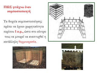ΠΩΣ φτιάχνω έναν
κομποστοποιητή
Τα δοχεία κομποστοποίησης
πρέπει να έχουν χωρητικότητα
περίπου 1 κ.μ., ώστε στο κέντρο
τους να μπορεί να αναπτυχθεί η
κατάλληλη θερμοκρασία.

 