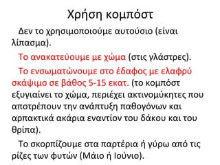 Χρήση κομπόστ
Δεν το χρησιμοποιούμε αυτούσιο (είναι
λίπασμα).
Το ανακατεύουμε με χώμα (στις γλάστρες).
Το ενσωματώνουμε στο έδαφος με ελαφρύ
σκάψιμο σε βάθος 5-15 εκατ. (το κομπόστ
εξυγιαίνει το χώμα, περιέχει ακτινομύκητες που
αποτρέπουν την ανάπτυξη παθογόνων και
αρπακτικά ακάρια εναντίον του δάκου και του
θρίπα).
Το σκορπίζουμε στα παρτέρια ή γύρω από τις
ρίζες των φυτών (Μάιο ή Ιούνιο).

 