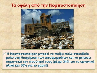 Τα οφέλη από την Κομποστοποίηση

 Η Κομποστοποίηση μπορεί να παίξει πολύ σπουδαίο
ρόλο στη διαχείριση των απορριμμάτων και να μειώσει
σημαντικά την ποσότητά τους (μέχρι 34% για τα οργανικά
υλικά και 30% για το χαρτί!).

 