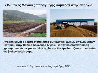 Ανοικτή μονάδα κομποστοποίησης φυτικών και ζωικών υπολειμμάτων
(κοπριά), στην Παλαιά Κουλούρα Αιγίου. Για την κομποστοποίηση
χρησιμοποιούνται γαιοσκώληκες. Το προϊόν εμπλουτίζεται και πωλείται
ως βιολογικό λίπασμα.

φωτ.υλικό : Δημ. Κανακόπουλος (πρόεδρος ΣΕΚ)

 