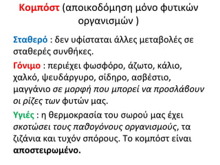 Κομπόστ (αποικοδόμηση μόνο φυτικών
οργανισμών )
Σταθερό : δεν υφίσταται άλλες μεταβολές σε
σταθερές συνθήκες.
Γόνιμο : περιέχει φωσφόρο, άζωτο, κάλιο,
χαλκό, ψευδάργυρο, σίδηρο, ασβέστιο,
μαγγάνιο σε μορφή που μπορεί να προσλάβουν
οι ρίζες των φυτών μας.
Υγιές : η θερμοκρασία του σωρού μας έχει
σκοτώσει τους παθογόνους οργανισμούς, τα
ζιζάνια και τυχόν σπόρους. Το κομπόστ είναι
αποστειρωμένο.

 