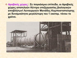  Αραβικές χώρες : Σε παγκόσμιο επίπεδο, οι Αραβικές
χώρες αποτελούν Κέντρο επεξεργασίας βιολογικών
αποβλήτων! Λειτουργούν Μονάδες Κομποστοποίησης
με δυναμικότητα μεγαλύτερη του 1 εκατομ. τόνου το
χρόνο.

 