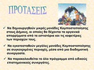  Nα δημιουργηθούν μικρές μονάδες Κομποστοποίησης
στους Δήμους, οι οποίες θα δέχονται τα οργανικά
απορρίμματα από τα εστιατόρια και τις καφετέριες
των περιοχών τους.
 Να εγκατασταθούν μεγάλες μονάδες Κομποστοποίησης
σε συγκεκριμένες περιοχές, μέσα από μια διαδημοτική
συνεργασία.
 Να παρακολουθείται το όλο πρόγραμμα από ειδικούς
επιστημονικούς συνεργάτες.

 