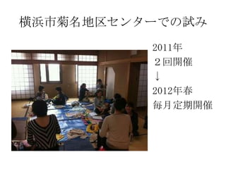 横浜市菊名地区センターでの試み
2011年
２回開催
↓
2012年春
毎月定期開催

 