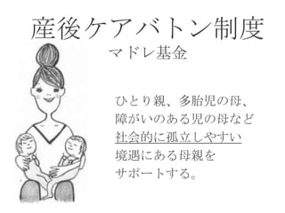 産後ケアバトン制度
マドレ基金
ひとり親、多胎児の母、
障がいのある児の母など
社会的に孤立しやすい
境遇にある母親を
サポートする。

 