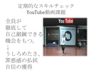 定期的なスキルチェック
YouTube動画課題

全員が
徹底して
自己鍛錬できる
機会をもつ。
↓
うしろめたさ、
罪悪感の払拭
自信の獲得

 