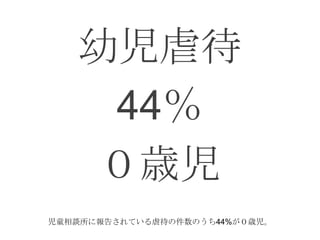幼児虐待
44％
０歳児
児童相談所に報告されている虐待の件数のうち44%が０歳児。

 