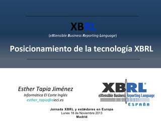 XBRL

(eXtensible Business Reporting Language)

Posicionamiento de la tecnología XBRL

Esther Tapia Jiménez
Informática El Corte Inglés
esther_tapia@eieci.es

Jornada XBRL y estándares en Europa
Lunes 18 de Noviembre 2013
Madrid

 