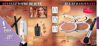 FOLIE MASQUÉE

RÉVÉLEZ VOTRE BEAUTÉ
CONTIENT DE L’HUILE DE THÉIER
APAISANTE
 Correcteur Very Me Cover Up
1 g.

39 DH

25 DH
t§uK∞ `∫Å±

21

ÉCLAT RAYONNANT

FIXE LE
MAQUILLAGE
 Préparateur de Teint Very Me
30 ml.

NOUVEAU

69 DH

26545

45 DH

dNE± s± nHª¥ Ë …dA∂∞« Êu∞ s± sº∫¥ r¥dØ
WπO∑M∞ ˆb•u∞ qLF∑º¥ .¡«œuº∞« ‹ôUN∞«
W∞¥u© …b± ë∑O∂£∑∞ ÃUOJL∞« X∫¢ Ë√ WOFO∂©

METTEZ EN RELIEF

Balayez le Peach 27077 en traçant un 3 partant
de la zone des sourcils, passant par l’ossature
des joues puis allant jusqu’au menton.



27

9D

ark

Le mannequin porte : Fond de Teint Smoothie 20388 Sand /
Poudre Peach Me Perfect 27078 Bronze



Sec

ret

20386
Porcelain
ILLUMINEZ



27 0

Utilisez le Peach 27077 ou le Bronze 27078
en suivant l’ovale du visage à partir de la racine
des cheveux, aﬁn d’encadrer votre visage.

20387
Ivory

78

Br
on

20388
Sand

PRIX

20389
Cocoa

INCROYABLE!

TRACEZ LE CONTOUR

Balayez le Bronze 27078 sur les
pommettes et sur votre arcade sourcilière.

JUSQU’À

-35%

DE RÉDUCTION!
108

7 Clear
2707

very me

27

e
ze

!

21

8P
erf
ect
Lig
ht




FOND DE TEINT NOURRISSANT
ET HYDRATANT
 Fond de teint Smoothie Very Me
30 ml.

69 DH

49 DH
s∂K∞« Ë ‹u∑∞« ‹UBKª∑ºL° ÍcG± ”Uß√ r¥dØ

POUR RÉCHAUFFER LES TEINTS CLAIRS
 Poudre Very Me Peach Me Perfect
Une poudre légèrement irisée et délicatement
parfumée, pour illuminer et redéﬁnir le contour
du visage 8 g.

75 DH

49 DH
.nOHî dDF° .ë§u∞« ¡vOC¢ œËbª∞« dL•√ …¸œu°

POILS NATURELS
 Pinceau Fard à Joues Very Me
Un pinceau fard à joues en poils naturels pour
mélanger facilement. Matériaux: Poils de
Chèvres, Aluminium, Bois. Taille: longueur
10,7 cm.
24897

45 DH

29 DH

œËbª∞« dL•√ l{u∞ WOFO∂© …U®d≠

109

 