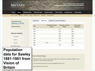 Great Britain Historical GIS Project:
A Vision of Britain though Time

Population
data for Sawley
1881-1961 from
Vision of
Britain

 