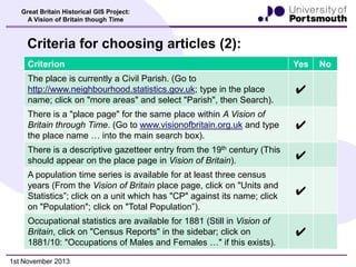 Great Britain Historical GIS Project:
A Vision of Britain though Time

Criteria for choosing articles (2):
Criterion

Yes

The place is currently a Civil Parish. (Go to
http://www.neighbourhood.statistics.gov.uk; type in the place
name; click on "more areas" and select "Parish", then Search).

✔

There is a "place page" for the same place within A Vision of
Britain through Time. (Go to www.visionofbritain.org.uk and type
the place name … into the main search box).

✔

There is a descriptive gazetteer entry from the 19th century (This
should appear on the place page in Vision of Britain).

✔

A population time series is available for at least three census
years (From the Vision of Britain place page, click on "Units and
Statistics”; click on a unit which has "CP" against its name; click
on "Population"; click on "Total Population”).

✔

Occupational statistics are available for 1881 (Still in Vision of
Britain, click on "Census Reports" in the sidebar; click on
1881/10: "Occupations of Males and Females …" if this exists).

✔

1st November 2013

No

 
