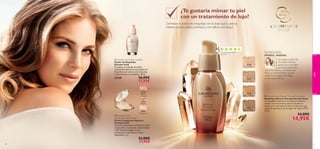 25376
Porcelain
25377
Light Ivory
25378
Natural Beige
25379
Golden Beige
22740
Natural
22741
Medium
22851
Translucent



color
5150
Formados a partir de
minerales marinos
puros, son conocidos
por sus propiedades
rejuvenecedoras y revitalizantes.
Ricos en antioxidantes, ayudan
a eliminar los signos de fatiga
y el envejecimiento.
TECNOLOGÍA
MINERAL MARINA:
 Giordani Gold Mineral Therapy Foundation
Maquillaje Mineral Therapy Giordani Gold
Tu maquillaje favorito en un nuevo y exclusivo
envase. Cubre de forma natural e ilumina tu
rostro con su fórmula nutritiva e hidratante que
reduce la apariencia de los signos de fatiga. SPF 8.
30 ml.
24,00€
14,95€
 Giordani Gold Make-up Base
Fijador de Maquillaje
Giordani Gold
Consigue un acabado duradero
e impecable aplicando este Fijador de
Maquillaje con extracto de Orquídea
suavizante bajo el maquillaje. 30 ml.
22760 16,95€
12,95€
 Giordani Gold
Supreme Pressed Powder
Polvos Compactos Supreme
Giordani Gold
Fórmula enriquecida con Polvo de Seda
restaurador y suavizante, antioxidantes
y SPF 10 que protegen tu piel
y potencian su juventud. 3 tonos
disponibles. 7 g.
21,00€
17,95€
¿Te gustaría mimar tu piel
con un tratamiento de lujo?
Comienza tu rutina de maquillaje con la base que tu piel se
merece. ¡Suave, sedosa, luminosa y con efecto anti-fatiga!
146 valoraciones alrededor
del mundo
 