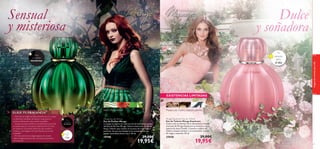 66
fraganciasaromasparaella
67
Mirage Daydream Eau de Toilette
Eau de Toilette Mirage Daydream
Como si de un hechizo de la memoria se tratase,
el aroma de Mirage Daydream te envuelve con su
esencia de dulce Vainilla, Castaña y madera de
Cedro transportándote a un encantador mundo
de magia y ensueño. 50 ml.
25038 29,00€
19,95€
Madera de Cedro, Castaña,Vainilla
EXISTENCIAS LIMITADAS
Elemí, Rosa,Vetiver
Mirage Eau de Parfum
Eau de Parfum Mirage
La magia te espera en cada una de las fascinantes gotas
del Eau de Parfum Mirage. Notas misteriosas de Elemí,
Rosa y Vetiver que realzan el encanto de este mágico
perfume. Su secreto despierta la curiosidad de una
pasión escondida dentro de ti. 50 ml.
19798 29,00€
19,95€
Sensual
y misteriosa
Dulce
y soñadora
Para
una salida
nocturna
Para
una salida
nocturna
Tu
elección
para
el día
Tu
elección
para
el día
ELIGE TU FRAGANCIA
Casi todas las fragancias están diseñadas para ser usadas
en diferentes momentos del día, por lo que tener un
perfume distinto para cada ocasión es perfecto.
Aunque hay quien preﬁere un aroma intenso para el día,
la mayoría opta por una esencia más fresca. Por la noche,
en cambio, se recomienda utilizar una más romántica
e intensa - ¡una fragancia de mayor ﬁjación que te hará
irresistible!
Por esta razón hemos elegido algunas de nuestras
mejores fragancias para el día y la noche para ayudarte
en tu elección.
 