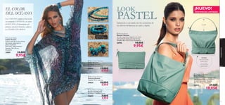 








78
EL COLOR
DEL OCÉANO
Este VERANO, completa tu look de día
con estampados EXÓTICOS y los colores
del OCÉANO. ¡Te presentacmos esta
fantástica colección de bisutería y caftán en
los COLORES DE MODA!
 Blue Ocean Necklace
Collar Oceáno
Sin Níquel. Tamaño:
65 cm + 6 cm extensible.
24623 17,00€
8,95€
 Blue Ocean Bracelet
Pulseras Océano
Tamaño: 19 cm cada una.
24624 10,00€
5,95€
 Blue Ocean Earrings
Pendientes Océano
Sin Níquel. Tamaño: 5.3 cm.
24625 7,00€
3,95€
 Summer Kaftan
Caftán Oceáno
Caftán inspirado en los colores
del océano. ¡Ideal para la
playa y la piscina!
Materiales: 100% Poliéster.
Tamaño: 130 x 95 cm.
Accesorio.
24801 24,00€
9,95€
COMPUESTA
POR 3 PULSERAS
complementos
¡NUEVO!
EXISTENCIAS LIMITADAS
 Maryam Hobo Bag
Bolso Maryam
Combina tus looks veraniegos con
este elegante bolso de tendencia
en color azul pastel. Tamaño:
38 x 31 x 12 cm. Accesorio.
26995 29,00€
19,95€
 Maryam Pouch
Neceser Maryam
Sencillo, espacioso, elegante y en color
azul pastel de moda para este verano.
Tamaño: 18 x 11.5 x 3.5cm. Accesorio.
26996 14,00€
9,95€
LOOK
PASTEL
23 CM
Soﬁsticada y con estilo con los accesorios de
las últimas tendencias en color y diseño.
INTERIOR:
cierre de cremallera,
bolsillo interior
con cremallera
y compartimento
para el móvil.
79
complementos
 