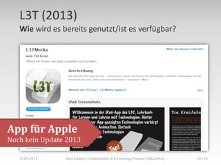 L3T (2013)
Wie wird es bereits genutzt/ist es verfügbar?

App für Apple
Noch kein Update 2013
02.+03.11.2013

Anja Lorenz | CC-BY … und dann?

18 | 29

 