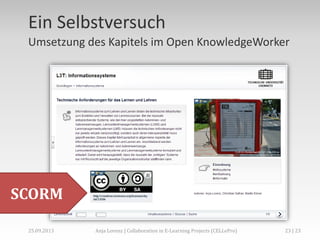 Ein Selbstversuch
Umsetzung des Kapitels im Open KnowledgeWorker

SCORM
02.+03.11.2013

Anja Lorenz | CC-BY … und dann?

23 | 29

 
