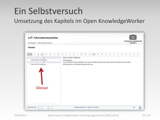 Ein Selbstversuch
Umsetzung des Kapitels im Open KnowledgeWorker

Glossar

02.+03.11.2013

Anja Lorenz | CC-BY … und dann?

25 | 29

 