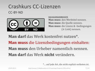 Crashkurs CC-Lizenzen
CC-BY-ND
DAS KLEINGEDRUCKTE

Man muss den Werktitel nennen.
Man muss die Quelle nennen.
Man muss die Lizenz & -bedingungen
(≅ Link) nennen.

Man darf das Werk kostenfrei nutzen*.
Man muss die Lizenzbedingungen einhalten:
Man muss den Urheber namentlich nennen.
Man darf das Werk nicht verändern.
*… auf jede Art, die nicht explizit verboten ist.
02.+03.11.2013

Anja Lorenz | CC-BY … und dann?

7 | 29

 