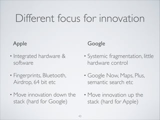 Different focus for innovation
Google	


Apple	

• Integrated

• Systemic

fragmentation, little
hardware control	


hardware 

software	

• Fingerprints, Bluetooth,

• Google

Now, Maps, Plus,
semantic search etc	


Airdrop, 64 bit etc	

• Move

innovation down the
stack (hard for Google)

• Move

innovation up the
stack (hard for Apple)

43

 