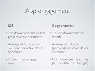 App engagement
iOS	


Google Android	


• 2bn

downloads and $1.1bn
gross revenue per month	


• ~2-3bn

• Average

• Average

month	


of 4-5 apps and
$2 spent per active device
per month	


• Smaller, more

base

downloads per

of 3-4 apps
(perhaps) per active device
per month	


engaged

• Much

lower payment rates
(but no data from Google)

44

 