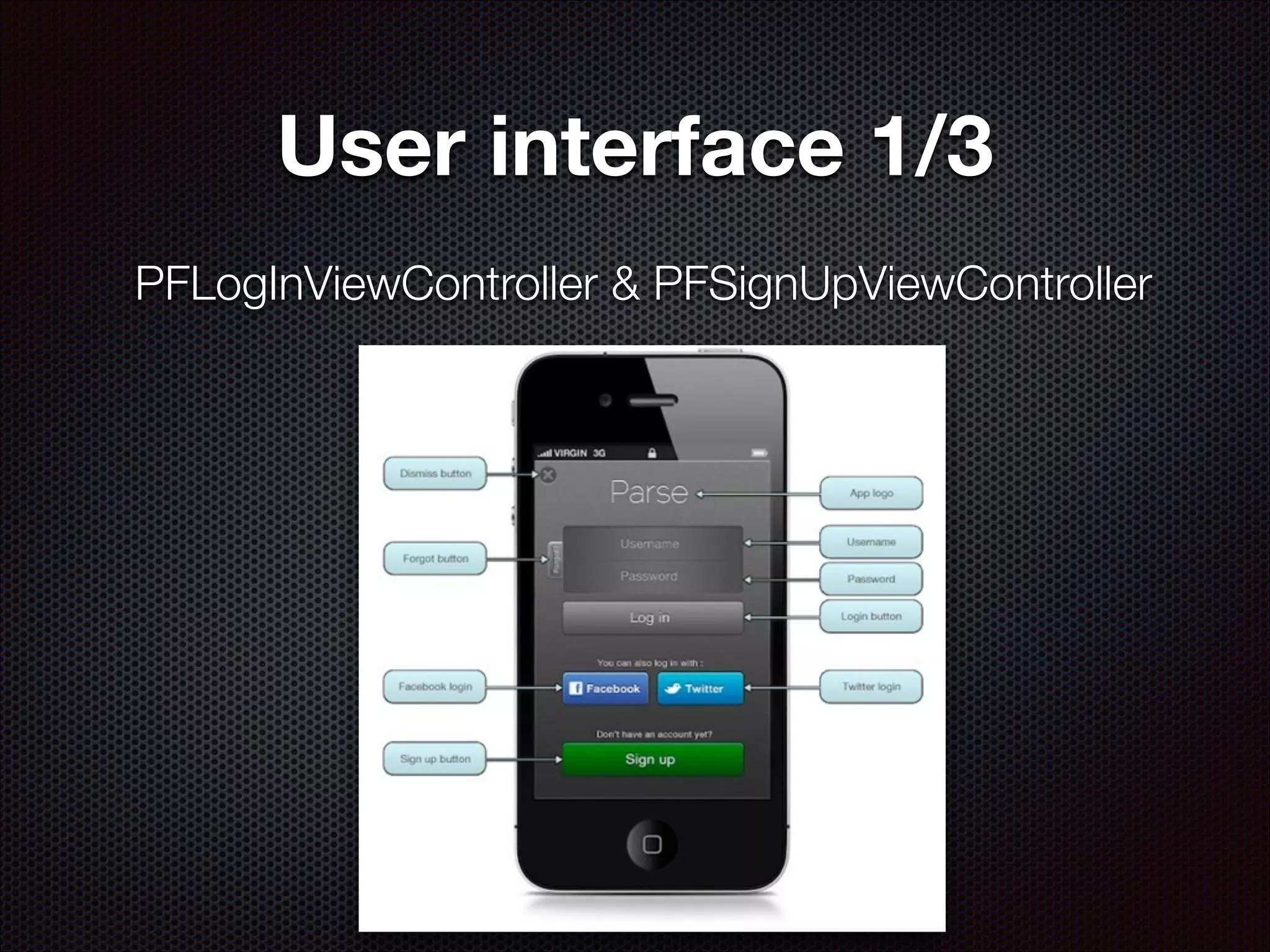User interface 1/3
PFLogInViewController & PFSignUpViewController

 