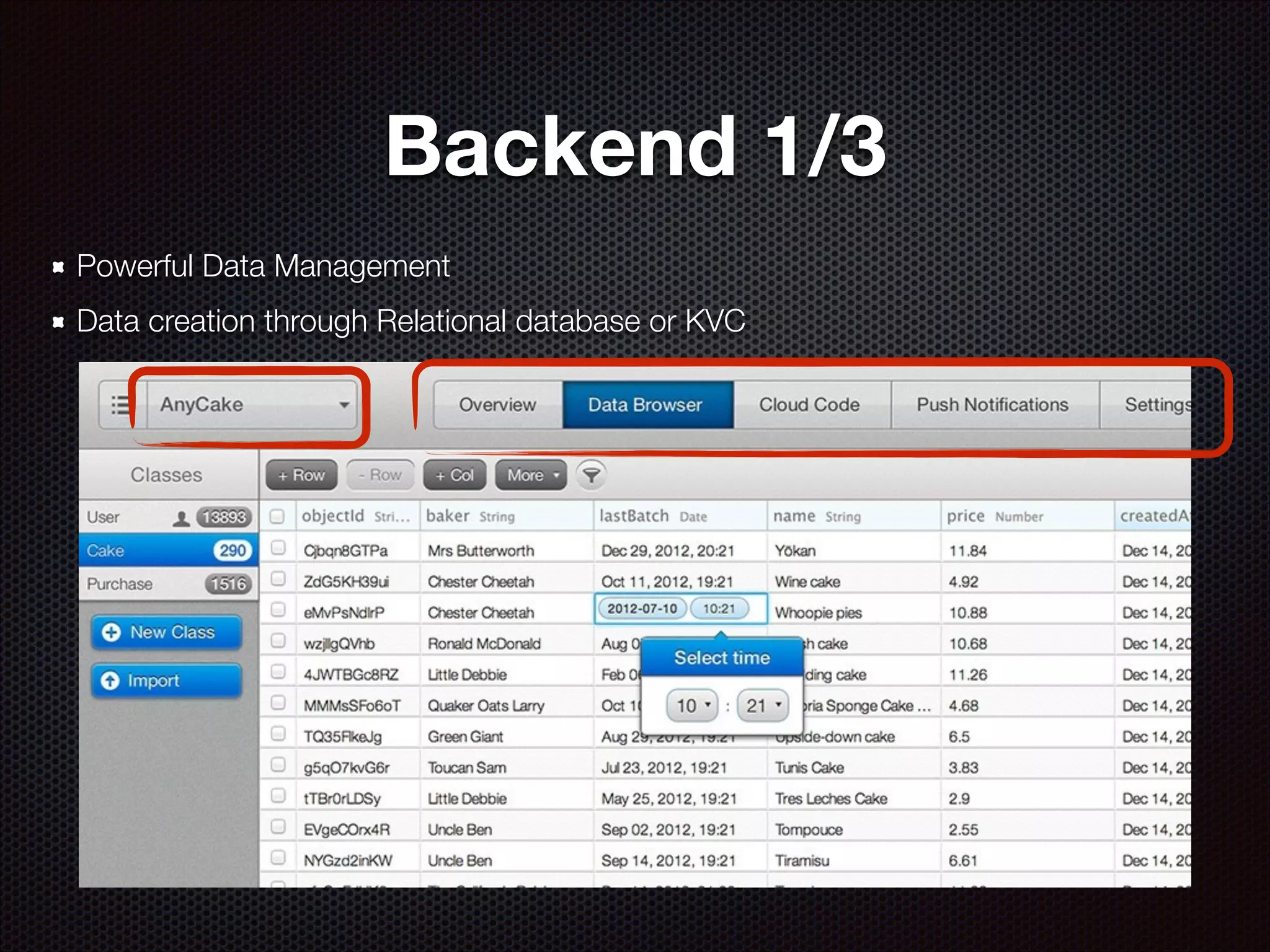 Backend 1/3
Powerful Data Management
Data creation through Relational database or KVC

 