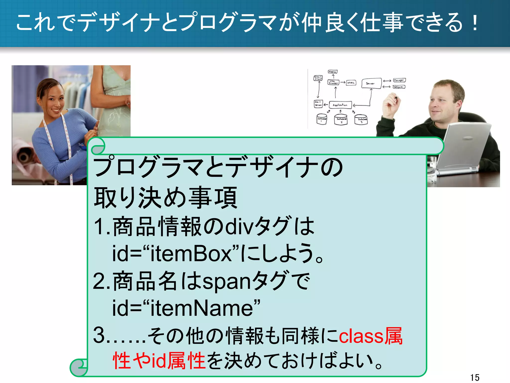 これでデザイナとプログラマが仲良く仕事できる！	

プログラマとデザイナの
取り決め事項
1. 商品情報のdivタグは
id=“itemBox”にしよう。
2. 商品名はspanタグで
id=“itemName”
3. …..その他の情報も同様にclass属
性やid属性を決めておけばよい。	
15	

 