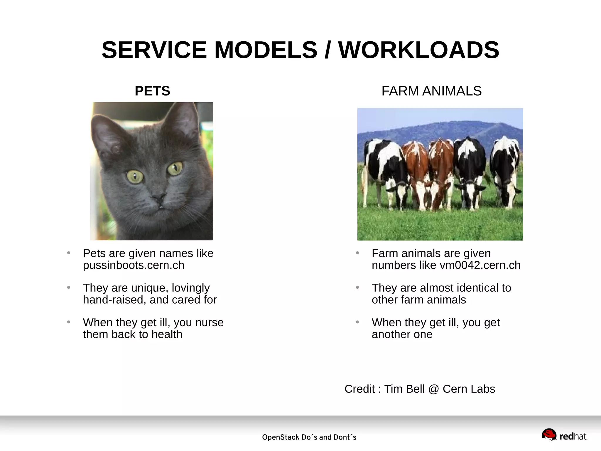 SERVICE MODELS / WORKLOADS
PETS







Pets are given names like
pussinboots.cern.ch
They are unique, lovingly
hand-raised, and cared for
When they get ill, you nurse
them back to health

FARM ANIMALS







Farm animals are given
numbers like vm0042.cern.ch
They are almost identical to
other farm animals
When they get ill, you get
another one

Credit : Tim Bell @ Cern Labs

OpenStack Do´s and Dont´s

 