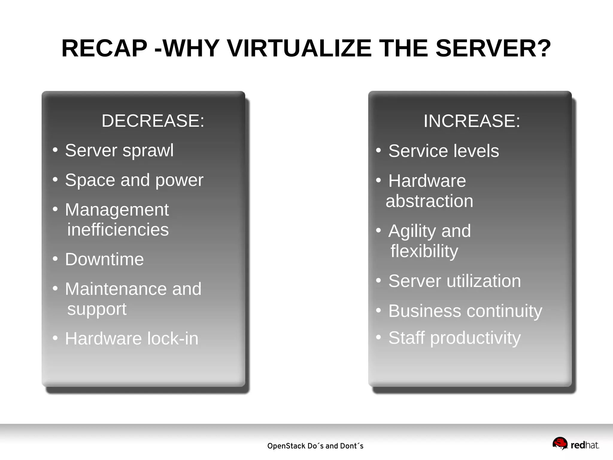 RECAP -WHY VIRTUALIZE THE SERVER?
DECREASE:

INCREASE:



Server sprawl





Space and power











Management
inefficiencies



Downtime


Maintenance and
support

Service levels
Hardware
abstraction
Agility and
flexibility
Server utilization

Business continuity
 Staff productivity


Hardware lock-in

OpenStack Do´s and Dont´s

 