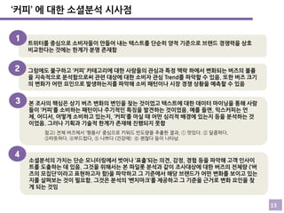 ‘커피’ 에 대한 소셜분석 시사점
1

2

3

트위터를 중심으로 소비자들이 만들어 내는 텍스트를 단순히 양적 기준으로 브랜드 경쟁력을 상호
비교한다는 것에는 한계가 분명 존재함

그럼에도 불구하고 ‘커피’ 카테고리에 대한 사람들의 관심과 특정 맥락 하에서 변화되는 버즈의 볼륨
을 지속적으로 분석함으로써 관련 대상에 대한 소비자 관심 Trend를 파악할 수 있음. 또한 버즈 크기
의 변화가 어떤 요인으로 발생하는지를 파악해 소비 패턴이나 시장 경쟁 상황을 예측할 수 있음
본 조사의 핵심은 상기 버즈 변화의 변인을 찾는 것이었고 텍스트에 대한 데이터 마이닝을 통해 사람
들이 ‘커피’를 소비하는 패턴이나 주기적인 특징을 발견하는 것이었음. 예를 들면, 믹스커피는 언
제, 어디서, 어떻게 소비하고 있는지, ‘커피’를 마실 때 어떤 심리적 배경에 있는지 등을 분석하는 것
이었음. 그러나 기획과 기술적 한계가 존재해 진행되지 못함
참고) 전체 버즈에서 ‘형용사’ 중심으로 키워드 빈도량을 추출한 결과, ① 맛있다. ② 달콤하다,
③따뜻하다. ④부드럽다, ⑤ 나쁘다 (건강에) ⑥ 괜찮다 등이 나타남.

4

소셜분석의 가치는 단순 모니터링에서 벗어나 ‘표출’되는 의견, 감정, 경험 등을 파악해 고객 인사이
트를 도출하는 데 있음. 그것을 위해서는 본 파일롯 분석과 같이 조사대상에 대한 버즈의 전체량 (‘버
즈의 모집단’이라고 표현하고자 함)을 파악하고 그 기준에서 해당 브랜드가 어떤 변화를 보이고 있는
지를 살펴보는 것이 필요함. 그것은 분석의 ‘벤치마크’를 제공하고 그 기준을 근거로 변화 요인을 찾
게 되는 것임

15

 