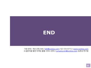 END
자료 문의 : 에스코토스㈜ / Talk@scotoss.com / 02-725-0715 / www.scotoss.com
소셜분석을 통한 마케팅 활용 서비스 문의 / junsang.sim@scotoss.com 심준상 연구원

16

 