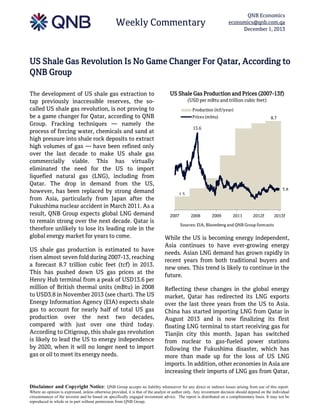 QNB Economics
economics@qnb.com.qa
December 1, 2013

Weekly Commentary

US Shale Gas Revolution Is No Game Changer For Qatar, According to
QNB Group
The development of US shale gas extraction to
tap previously inaccessible reserves, the socalled US shale gas revolution, is not proving to
be a game changer for Qatar, according to QNB
Group. Fracking techniques — namely the
process of forcing water, chemicals and sand at
high pressure into shale rock deposits to extract
high volumes of gas — have been refined only
over the last decade to make US shale gas
commercially viable. This has virtually
eliminated the need for the US to import
liquefied natural gas (LNG), including from
Qatar. The drop in demand from the US,
however, has been replaced by strong demand
from Asia, particularly from Japan after the
Fukushima nuclear accident in March 2011. As a
result, QNB Group expects global LNG demand
to remain strong over the next decade. Qatar is
therefore unlikely to lose its leading role in the
global energy market for years to come.
US shale gas production is estimated to have
risen almost seven fold during 2007-13, reaching
a forecast 8.7 trillion cubic feet (tcf) in 2013.
This has pushed down US gas prices at the
Henry Hub terminal from a peak of USD13.6 per
million of British thermal units (mBtu) in 2008
to USD3.8 in November 2013 (see chart). The US
Energy Information Agency (EIA) expects shale
gas to account for nearly half of total US gas
production over the next two decades,
compared with just over one third today.
According to Citigroup, this shale gas revolution
is likely to lead the US to energy independence
by 2020, when it will no longer need to import
gas or oil to meet its energy needs.

US Shale Gas Production and Prices (2007-13f)
(USD per mBtu and trillion cubic feet)
Production (tcf/year)
Prices (mbtu)

8.7

13.6

3.8

1.3

2007

2008

2009

2011

2012f

2013f

Sources: EIA, Bloomberg and QNB Group forecasts

While the US is becoming energy independent,
Asia continues to have ever-growing energy
needs. Asian LNG demand has grown rapidly in
recent years from both traditional buyers and
new ones. This trend is likely to continue in the
future.
Reflecting these changes in the global energy
market, Qatar has redirected its LNG exports
over the last three years from the US to Asia.
China has started importing LNG from Qatar in
August 2013 and is now finalizing its first
floating LNG terminal to start receiving gas for
Tianjin city this month. Japan has switched
from nuclear to gas-fueled power stations
following the Fukushima disaster, which has
more than made up for the loss of US LNG
imports. In addition, other economies in Asia are
increasing their imports of LNG gas from Qatar,

Disclaimer and Copyright Notice: QNB Group accepts no liability whatsoever for any direct or indirect losses arising from use of this report.
Where an opinion is expressed, unless otherwise provided, it is that of the analyst or author only. Any investment decision should depend on the individual
circumstances of the investor and be based on specifically engaged investment advice. The report is distributed on a complimentary basis. It may not be
reproduced in whole or in part without permission from QNB Group.

 