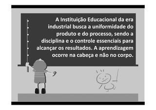 A Instituição Educacional da era 
industrial busca a uniformidade do 
produto e do processo, sendo a 
disciplina e o controle essenciais para 
alcançar os resultados. A aprendizagem 
ocorre na cabeça e não no corpo.

 