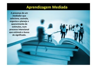 Aprendizagem Mediada
A presença de um 
mediador que 
seleciona, assinala, 
organiza e planeja o 
aparecimento de 
estímulos, num 
processo intencional 
que estimule a busca 
de significado.

 