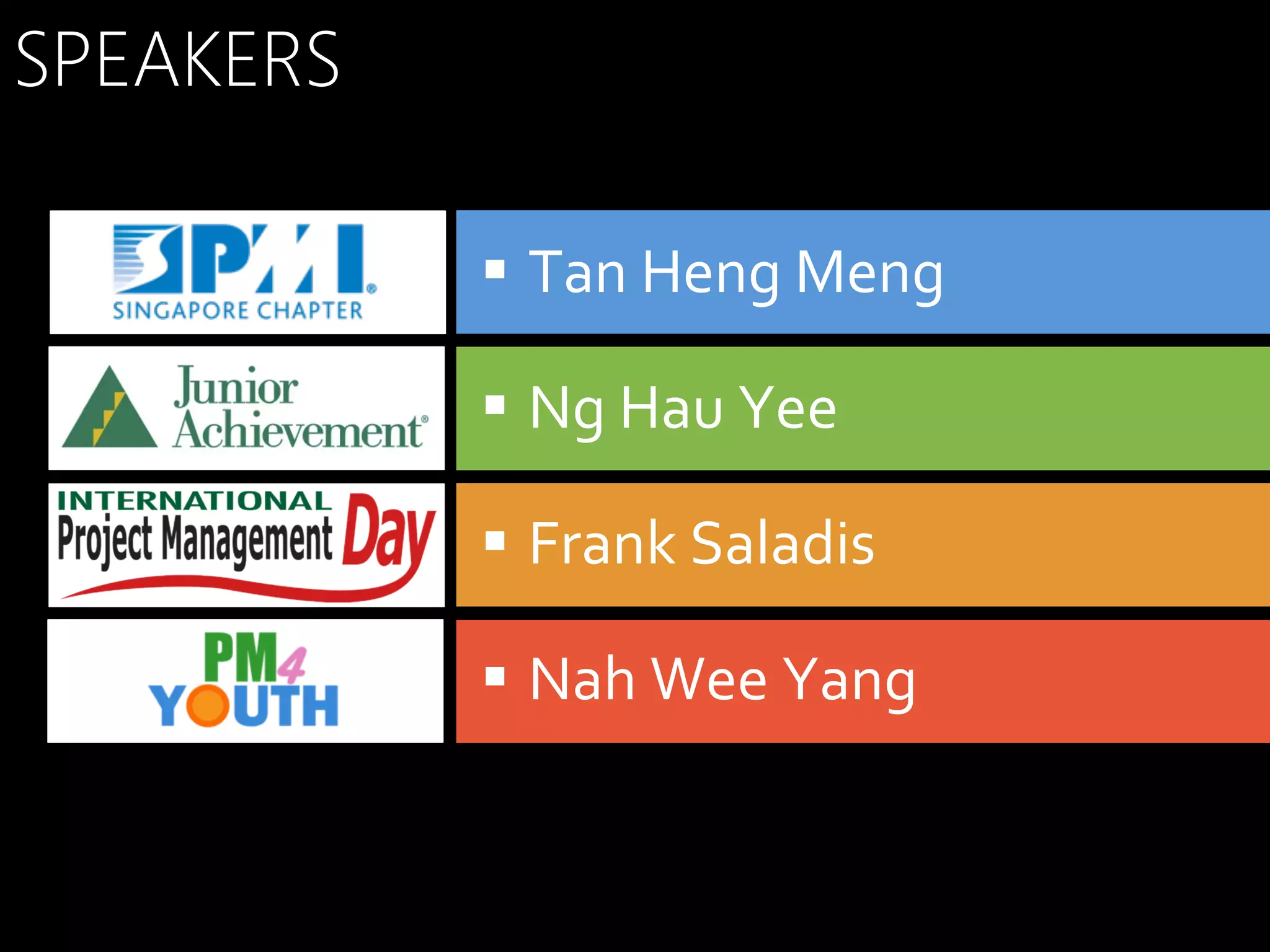 SPEAKERS
§  Tan	
  Heng	
  Meng	
  
§  Ng	
  Hau	
  Yee	
  
§  Frank	
  Saladis	
  
§  Nah	
  Wee	
  Yang	
  

 