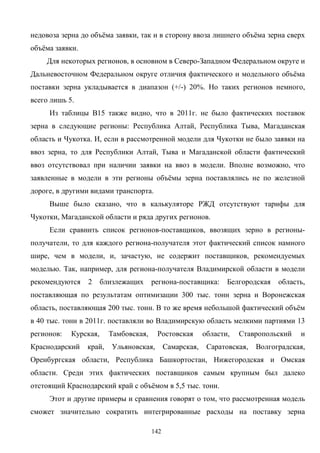 142
недовоза зерна до объёма заявки, так и в сторону ввоза лишнего объёма зерна сверх
объёма заявки.
Для некоторых регионов, в основном в Северо-Западном Федеральном округе и
Дальневосточном Федеральном округе отличия фактического и модельного объёма
поставки зерна укладывается в диапазон (+/-) 20%. Но таких регионов немного,
всего лишь 5.
Из таблицы В15 также видно, что в 2011г. не было фактических поcтавок
зерна в следующие регионы: Республика Алтай, Республика Тыва, Магаданская
область и Чукотка. И, если в рассмотренной модели для Чукотки не было заявки на
ввоз зерна, то для Республики Алтай, Тыва и Магаданской области фактический
ввоз отсутствовал при наличии заявки на ввоз в модели. Вполне возможно, что
заявленные в модели в эти регионы объёмы зерна поставлялись не по железной
дороге, в другими видами транспорта.
Выше было сказано, что в калькуляторе РЖД отсутствуют тарифы для
Чукотки, Магаданской области и ряда других регионов.
Если сравнить список регионов-поставщиков, ввозящих зерно в регионы-
получатели, то для каждого региона-получателя этот фактический список намного
шире, чем в модели, и, зачастую, не содержит поставщиков, рекомендуемых
моделью. Так, например, для региона-получателя Владимирской области в модели
рекомендуются 2 близлежащих региона-поставщика: Белгородская область,
поставляющая по результатам оптимизации 300 тыс. тонн зерна и Воронежская
область, поставляющая 200 тыс. тонн. В то же время небольшой фактический объём
в 40 тыс. тонн в 2011г. поставляли во Владимирскую область мелкими партиями 13
регионов: Курская, Тамбовская, Ростовская области, Ставропольский и
Краснодарский край, Ульяновская, Самарская, Саратовская, Волгоградская,
Оренбургская области, Республика Башкортостан, Нижегородская и Омская
области. Среди этих фактических поставщиков самым крупным был далеко
отстоящий Краснодарский край с объёмом в 5,5 тыс. тонн.
Этот и другие примеры и сравнения говорят о том, что рассмотренная модель
сможет значительно сократить интегрированные расходы на поставку зерна
 