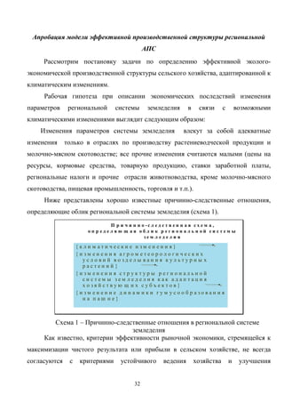 32
Апробация модели эффективной производственной структуры региональной
АПС
Рассмотрим постановку задачи по определению эффективной эколого-
экономической производственной структуры сельского хозяйства, адаптированной к
климатическим изменениям.
Рабочая гипотеза при описании экономических последствий изменения
параметров региональной системы земледелия в связи с возможными
климатическими изменениями выглядит следующим образом:
Изменения параметров системы земледелия влекут за собой адекватные
изменения только в отраслях по производству растениеводческой продукции и
молочно-мясном скотоводстве; все прочие изменения считаются малыми (цены на
ресурсы, кормовые средства, товарную продукцию, ставки заработной платы,
региональные налоги и прочие отрасли животноводства, кроме молочно-мясного
скотоводства, пищевая промышленность, торговля и т.п.).
Ниже представлены хорошо известные причинно-следственные отношения,
определяющие облик региональной системы земледелия (схема 1).
П р и ч и н н о - с л е д с т в е н н а я с х е м а ,
о п р е д е л я ю щ а я о б л и к р е г и о н а л ь н о й с и с т е м ы
з е м л е д е л и я
{ к л и м а т и ч е с к и е и з м е н е н и я }
{ и з м е н е н и я а г р о м е т е о р о л о г и ч е с к и х
у с л о в и й в о з д е л ы в а н и я к у л ь т у р н ы х
р а с т е н и й }
{ и з м е н е н и я с т р у к т у р ы р е г и о н а л ь н о й
с и с т е м ы з е м л е д е л и я к а к а д а п т а ц и я
х о з я й с т в у ю щ и х с у б ъ е к т о в }
{ и з м е н е н и е д и н а м и к и г у м у с о о б р а з о в а н и я
н а п а ш н е }
Схема 1 – Причинно-следственные отношения в региональной системе
земледелия
Как известно, критерии эффективности рыночной экономики, стремящейся к
максимизации чистого результата или прибыли в сельском хозяйстве, не всегда
согласуются с критериями устойчивого ведения хозяйства и улучшения
 